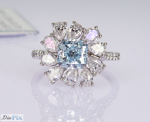 3.284ct Подушечный рез Sky Blue CVD Синтетические алмазные кольца Luxury 18K White Gold Set